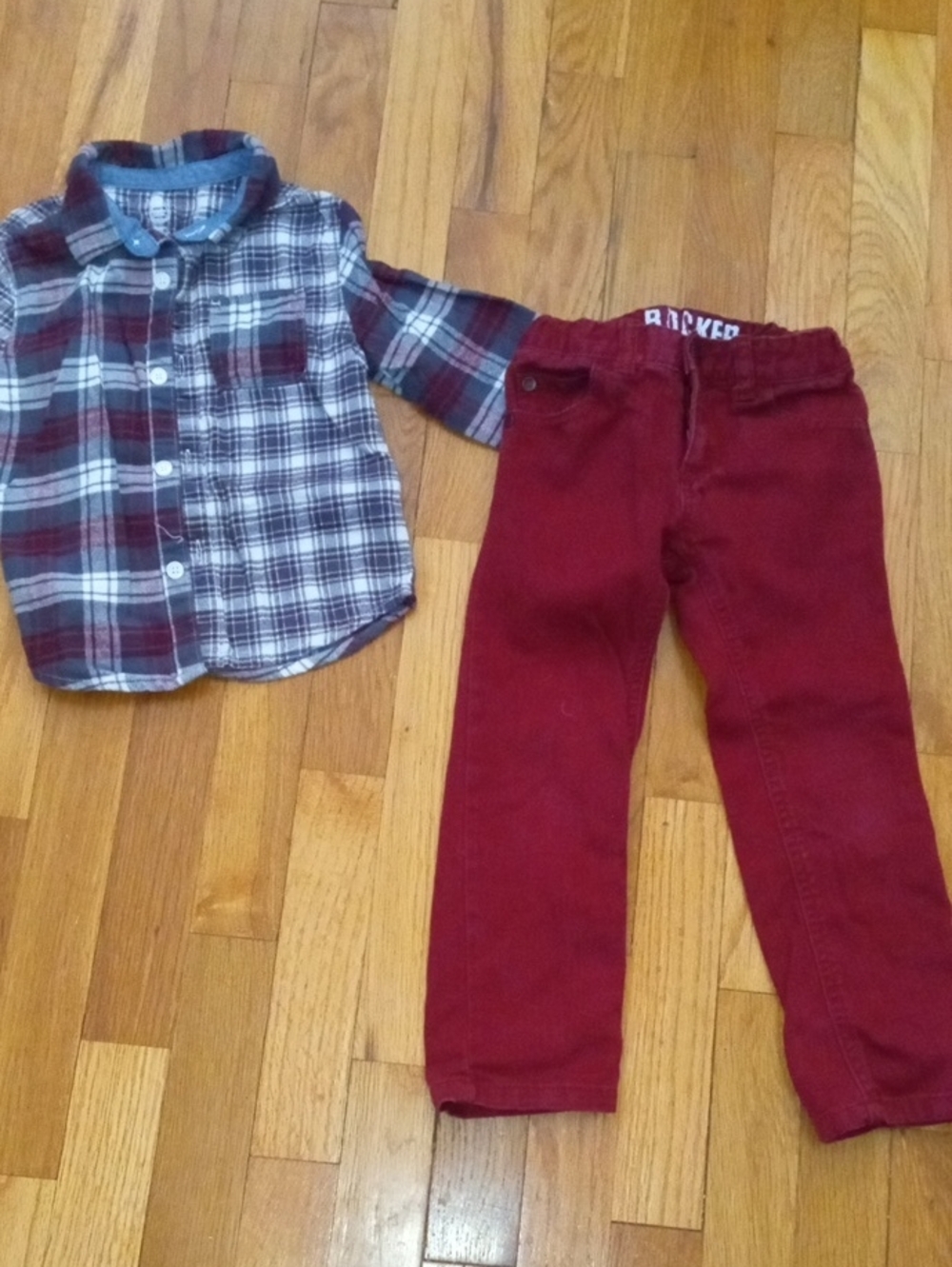boys 4 maroon jeans and plaid long sleeve